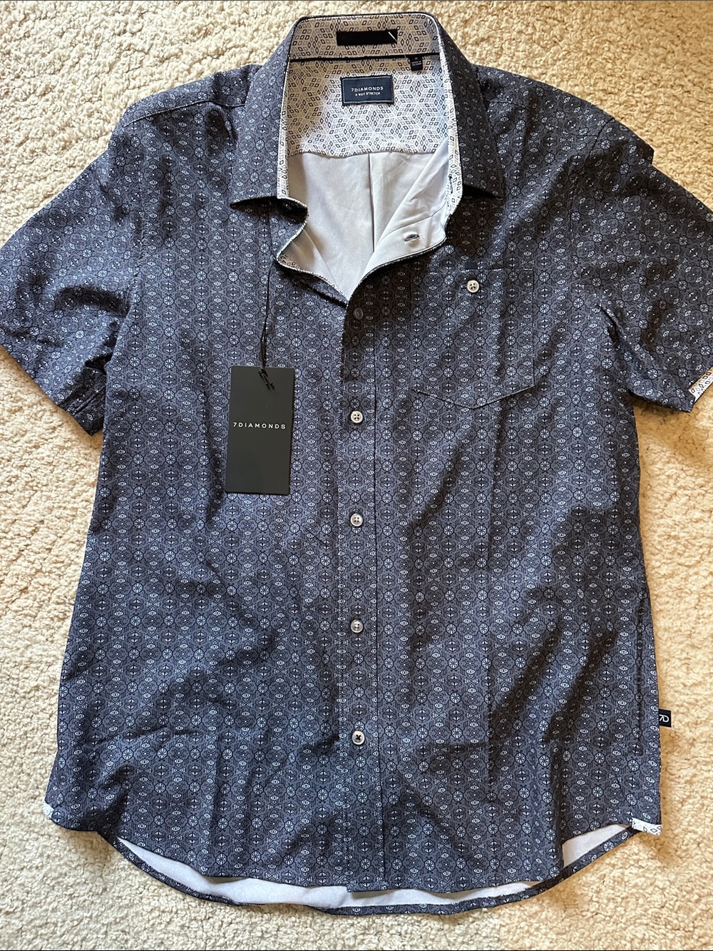 7 Diamonds Men’s Short Sleeve Patterned Del Rey Button-Down Shirt in Navy
